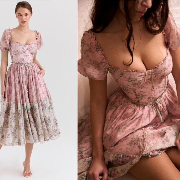 House of CB Dresses & Skirts - HOUSE OF CB 'Penelope' Pink Floral Chiffon Midi Dress NWOT